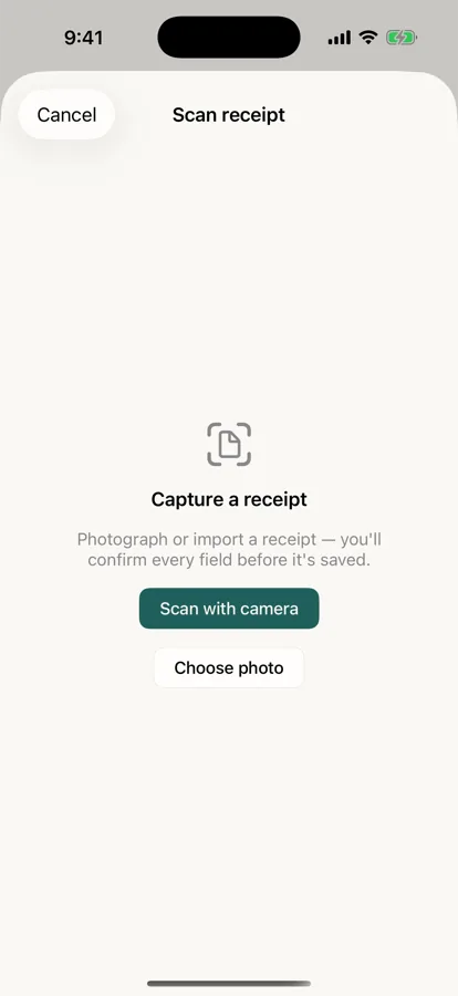 The Scan receipt sheet offering "Scan with camera" or "Choose photo", noting you confirm every field before saving.