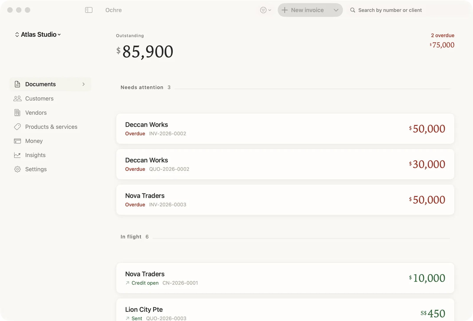 Ochre on macOS: sidebar of sections, a list of documents, and the selected invoice.