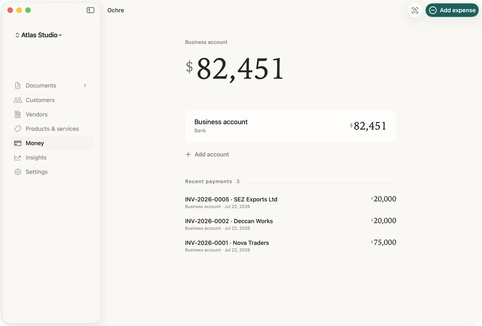 The Money section listing payments received and expenses recorded.